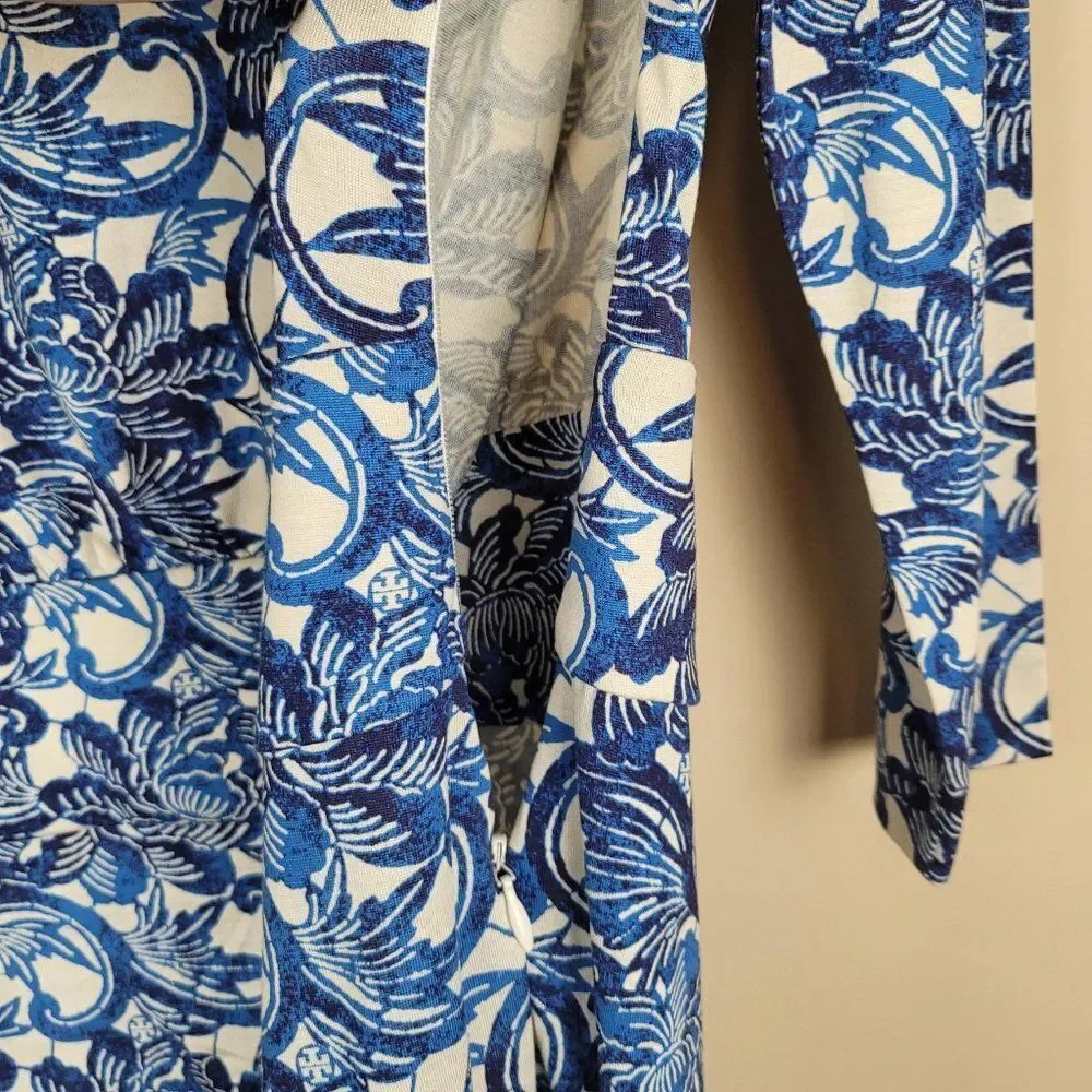 Tory Burch Sheila Floral Silk Dress Knee Lenght 3/4 Sleeve Blue White Size S